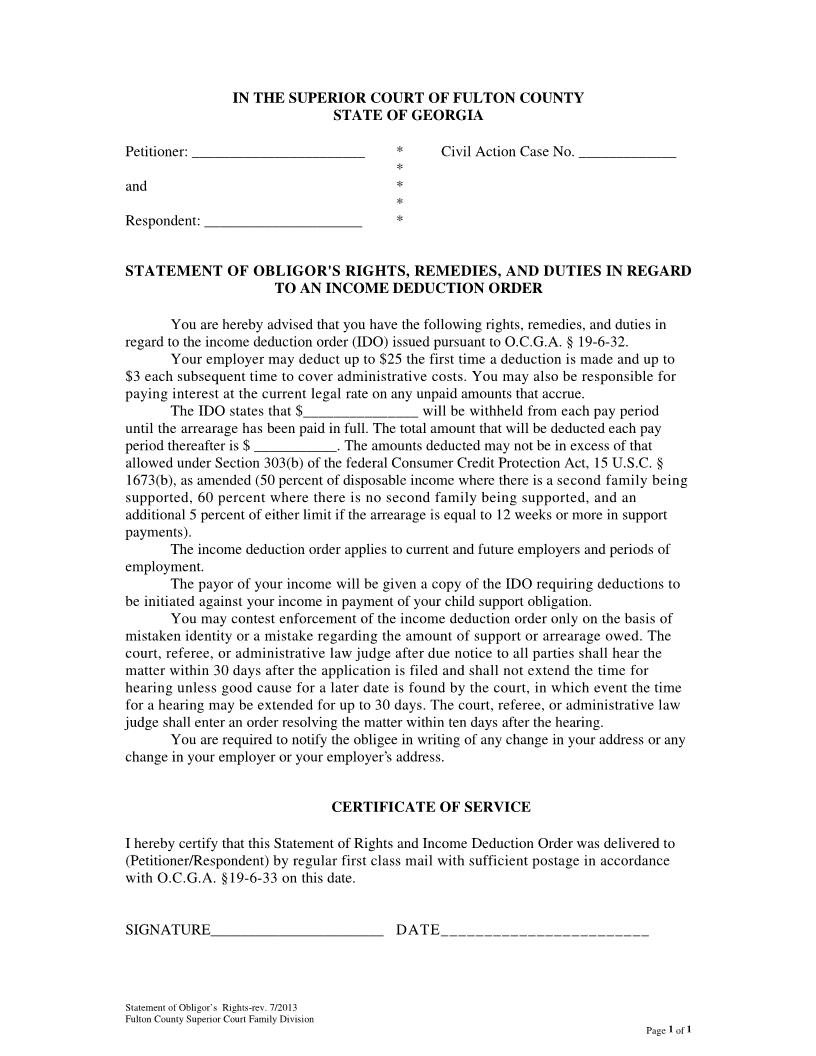 Statement Of Obligors Rights Income Dedution Order | Pdf Fpdf Docx | Georgia