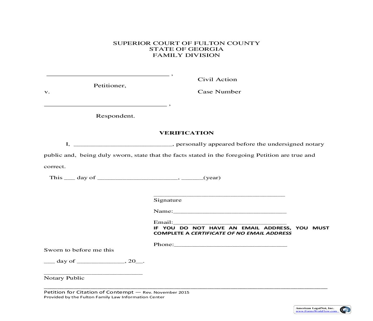 Verification (For Petition For Citation Of Contempt) | Pdf Fpdf Doc Docx | Georgia