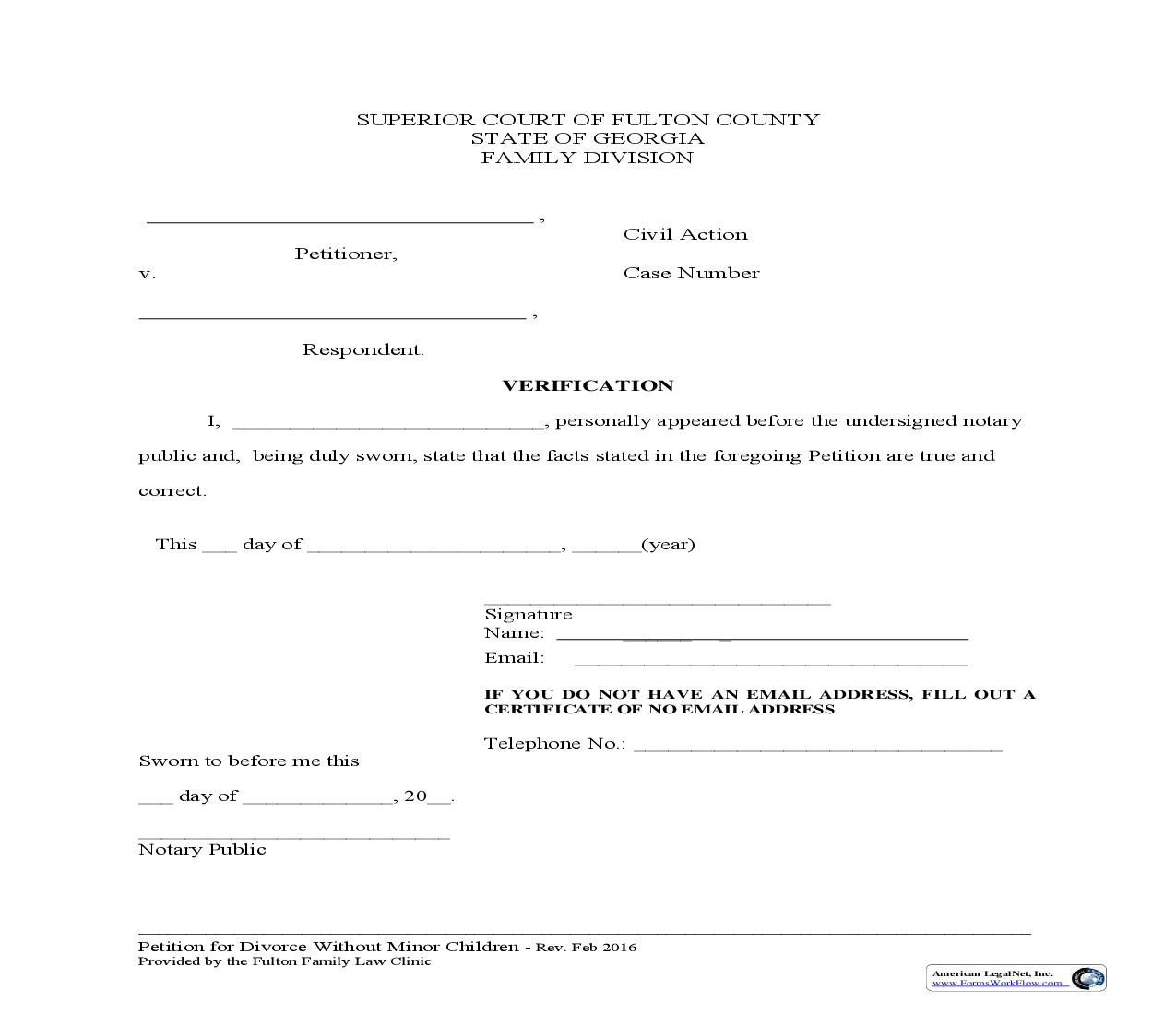 Verification (For Petition For Divorce Without Children) | Pdf Fpdf Doc Docx | Georgia