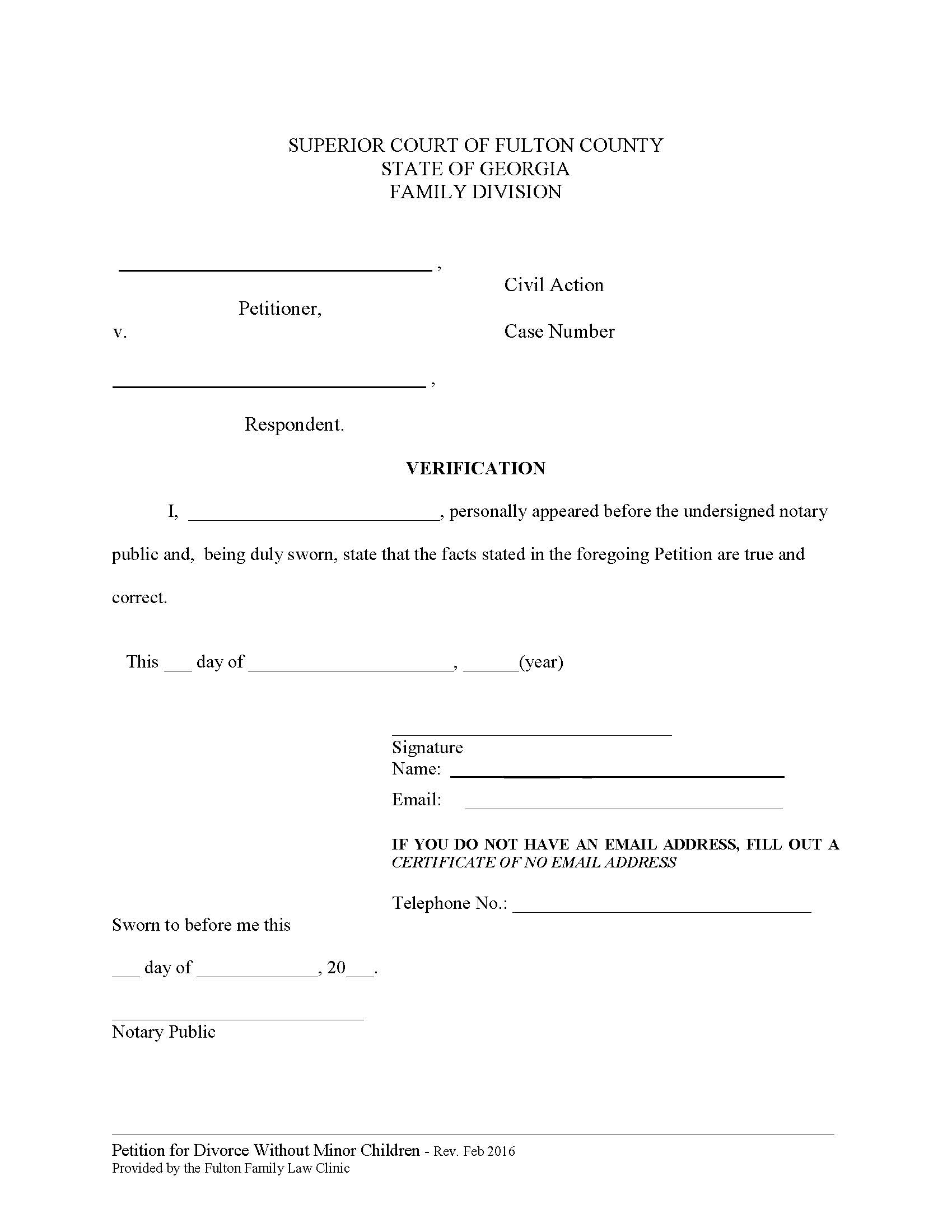 Verification (For Petition For Divorce Without Children) | Pdf Fpdf Doc Docx | Georgia