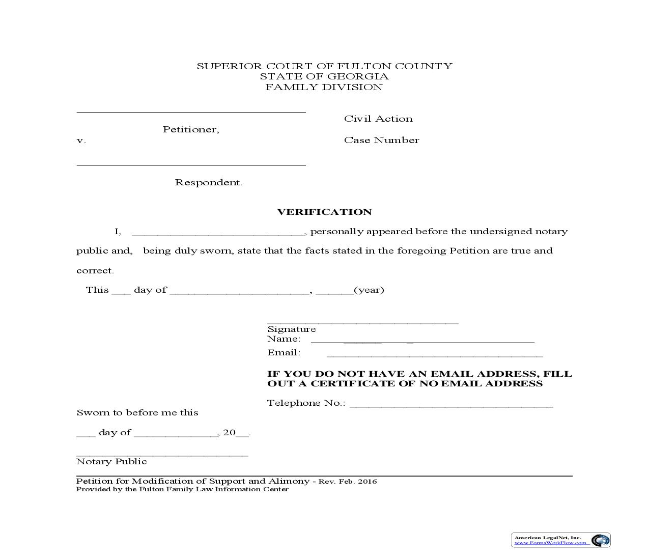 Verification (For Petition For Modification Of Child Support) | Pdf Fpdf Doc Docx | Georgia