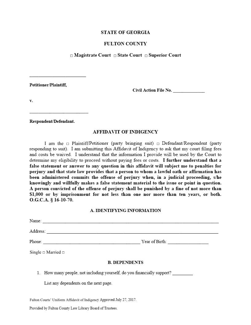 Affidavit Of Indigency | Pdf Fpdf Docx | Georgia
