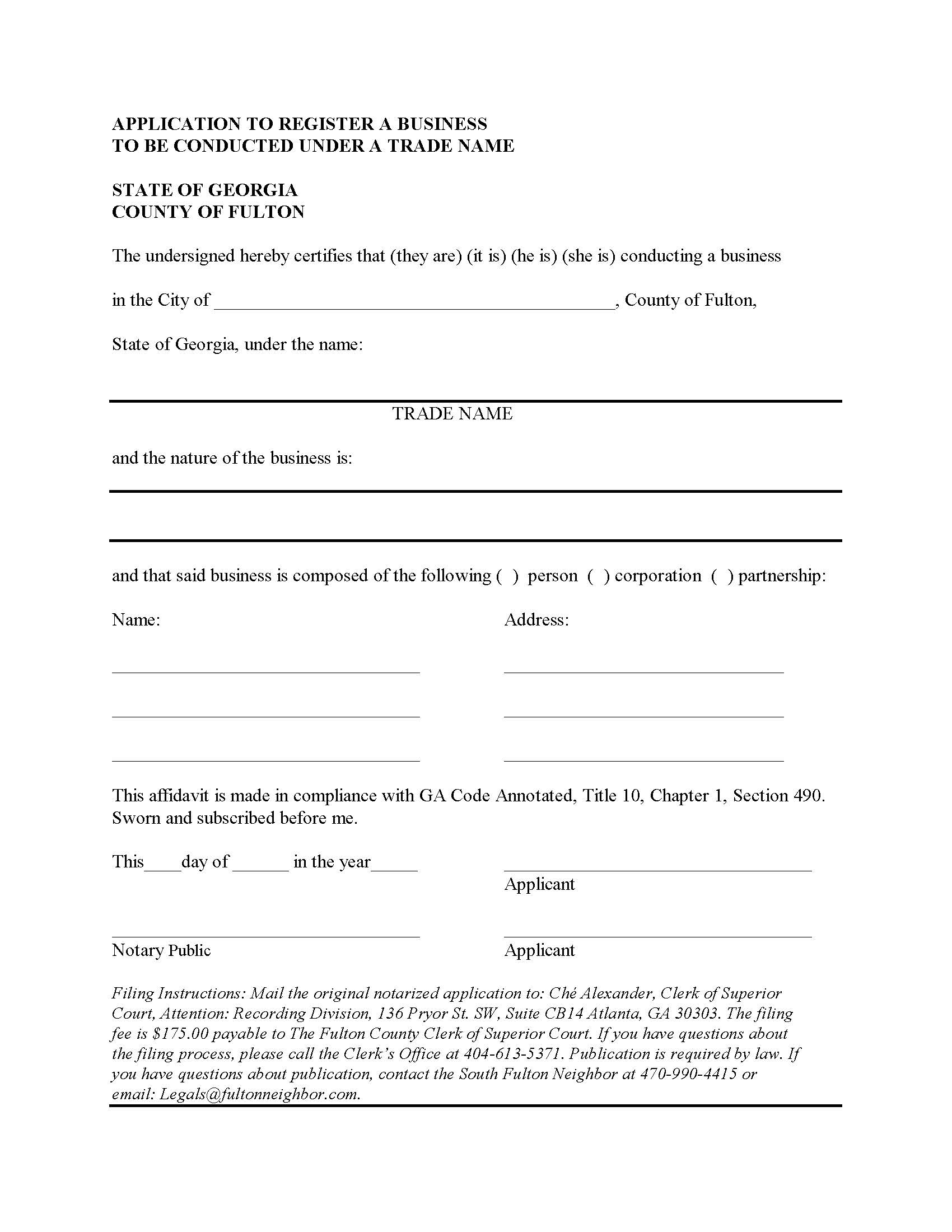 Application To Register A Business To Be Conducted Under A Trade Name | Pdf Fpdf Doc Docx | Georgia