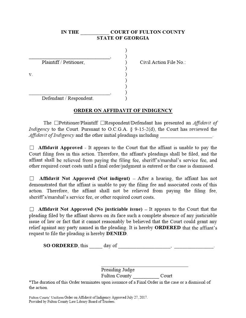 Order On Affidavit Of Indigency | Pdf Fpdf Docx | Georgia