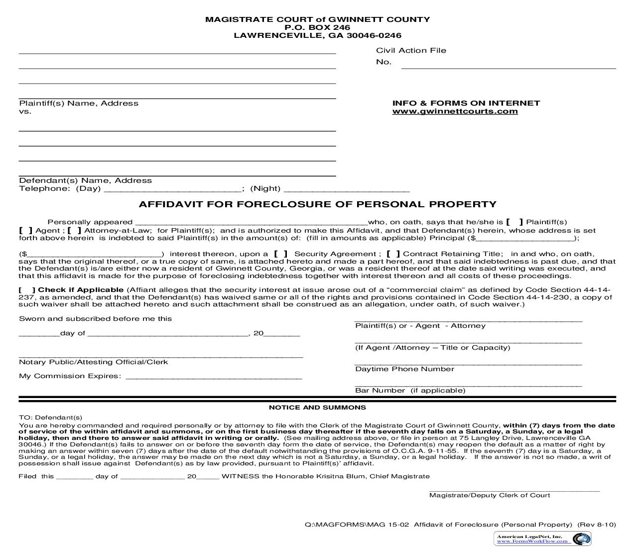 Affidavit For Foreclosure Of Personal Property {MAG 15-02} | Pdf Fpdf Doc Docx | Georgia