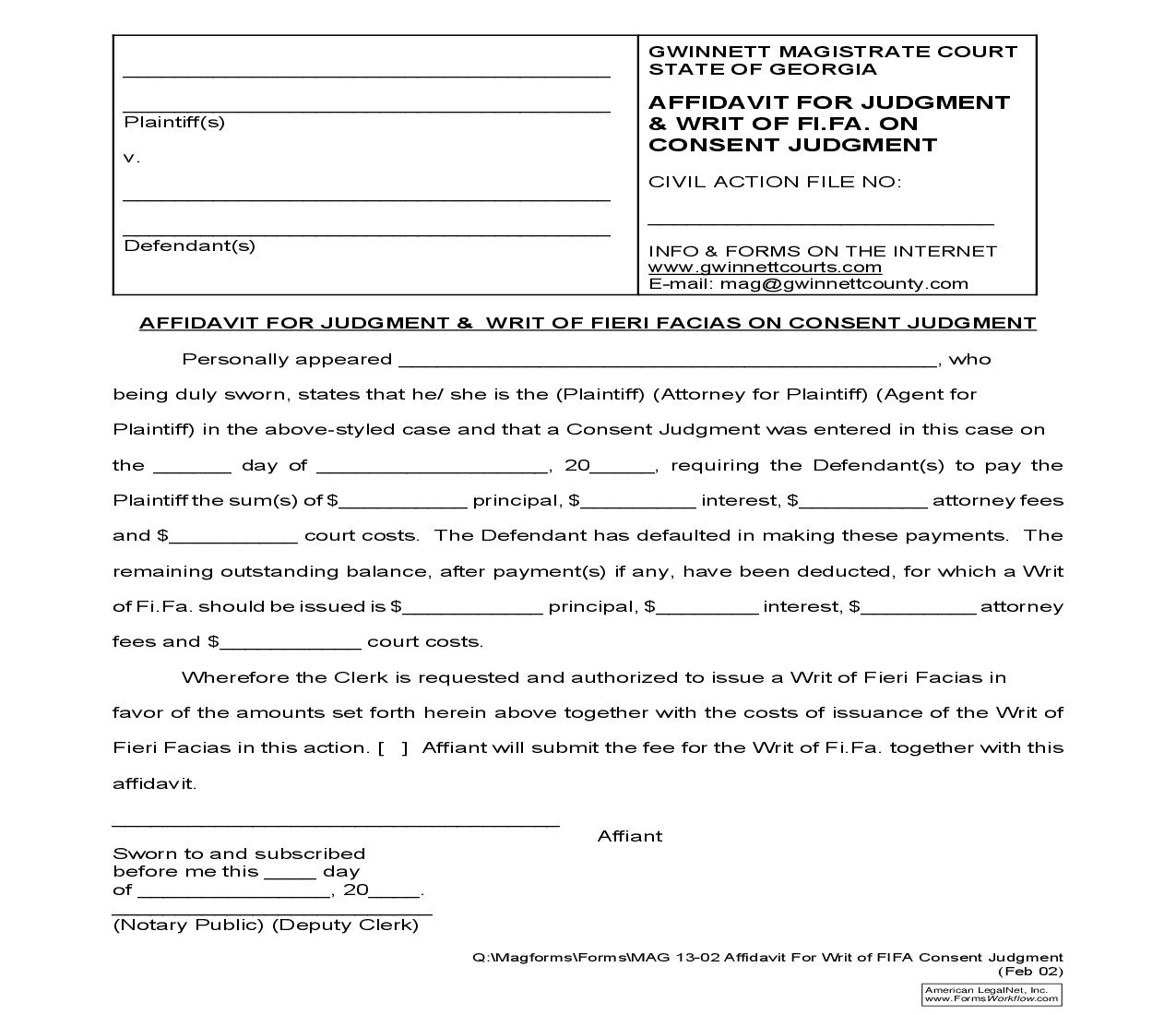 Affidavit For Judgment And Writ Of Fieri Facias On Consent Judgment {MAG 13-02} | Pdf Fpdf Doc Docx | Georgia