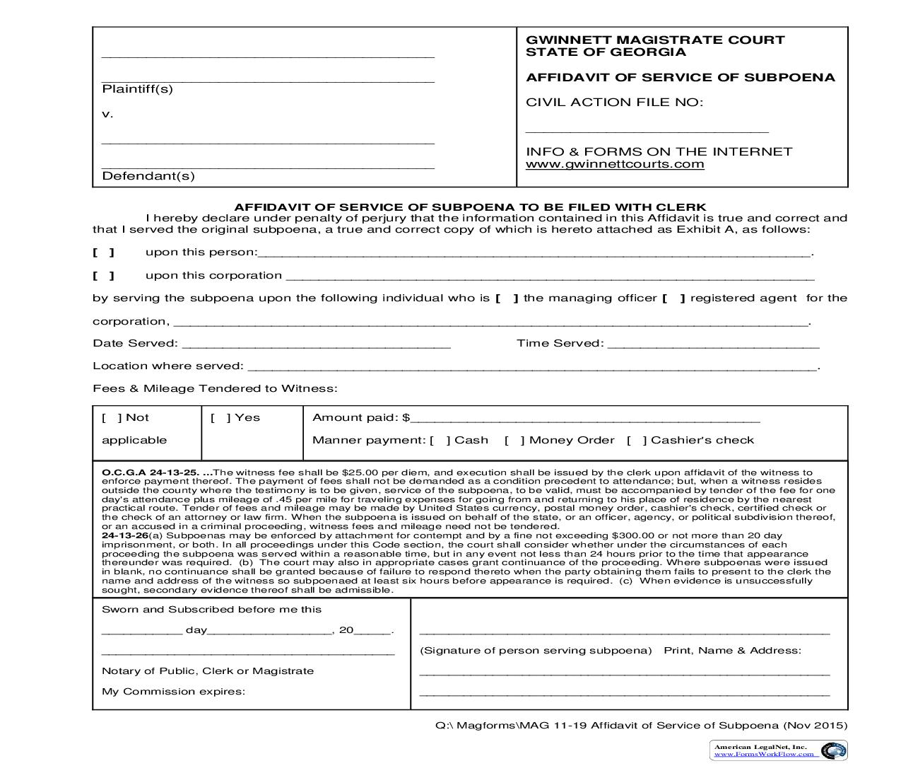 Affidavit Of Service Of Subpoena To Be Filed With Clerk {MAG 11-19} | Pdf Fpdf Doc Docx | Georgia