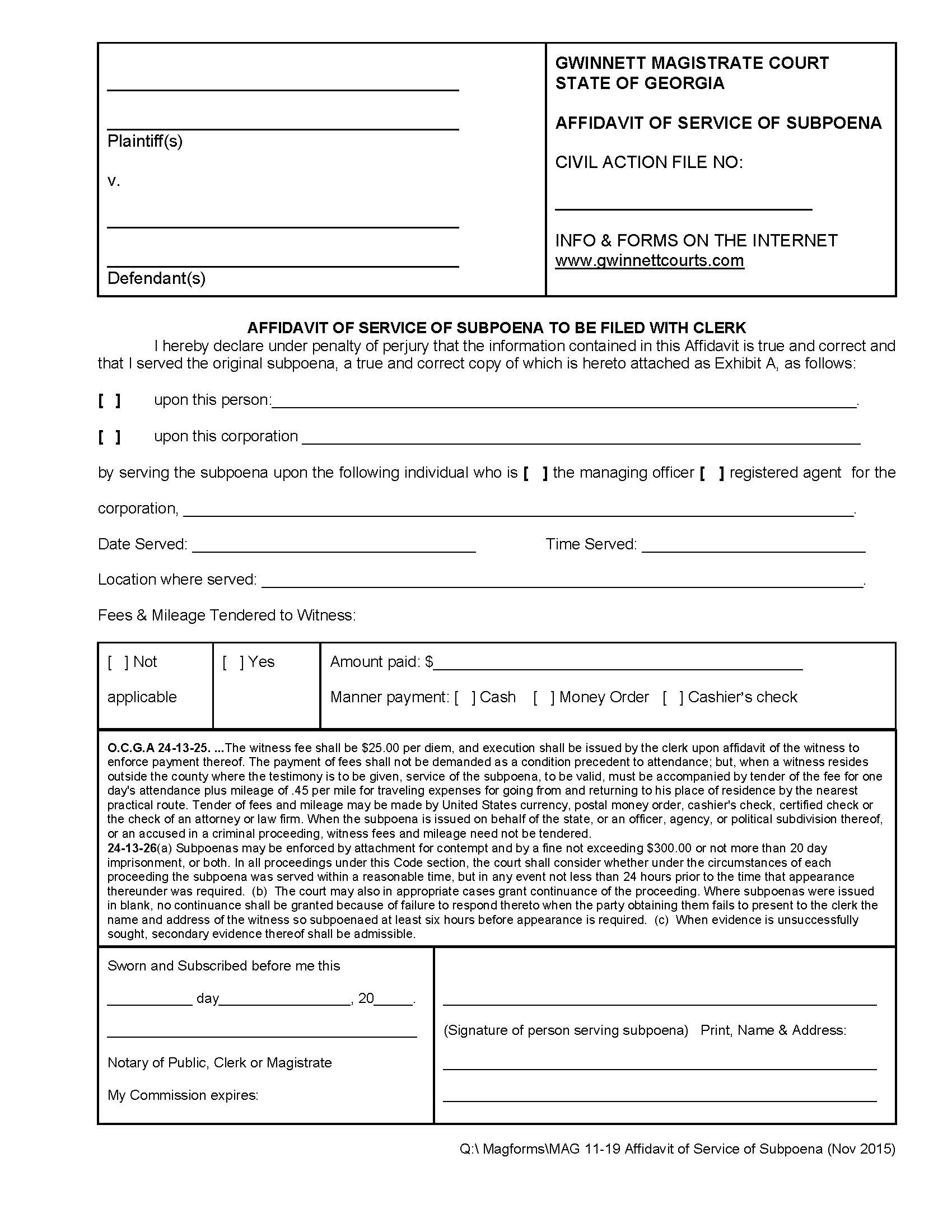 Affidavit Of Service Of Subpoena To Be Filed With Clerk {MAG 11-19} | Pdf Fpdf Doc Docx | Georgia