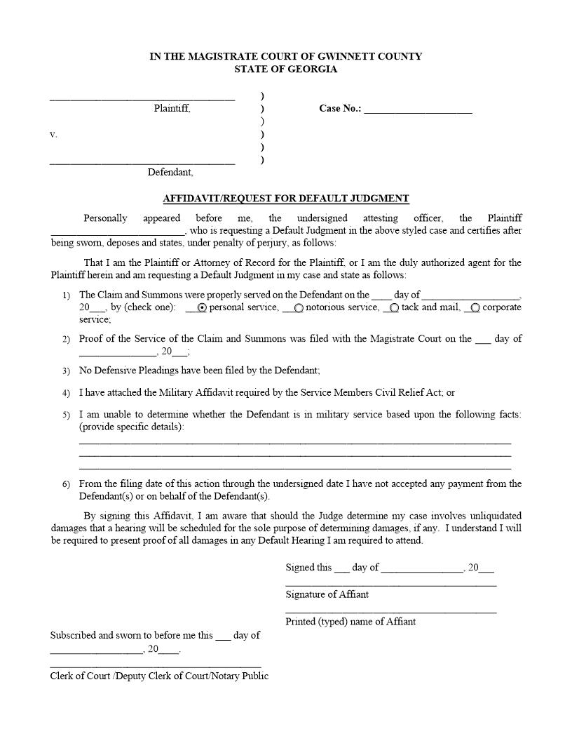 Affidavit Request For Default Judgment | Pdf Fpdf Docx | Georgia