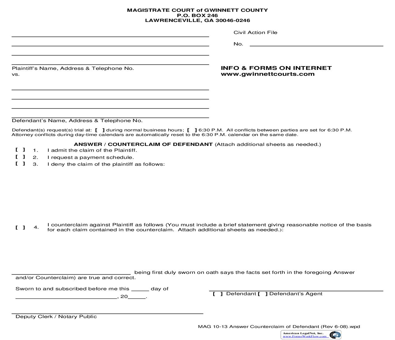 Answer - Counterclaim Of Defendant {MAG 10-13} | Pdf Fpdf Doc Docx | Georgia