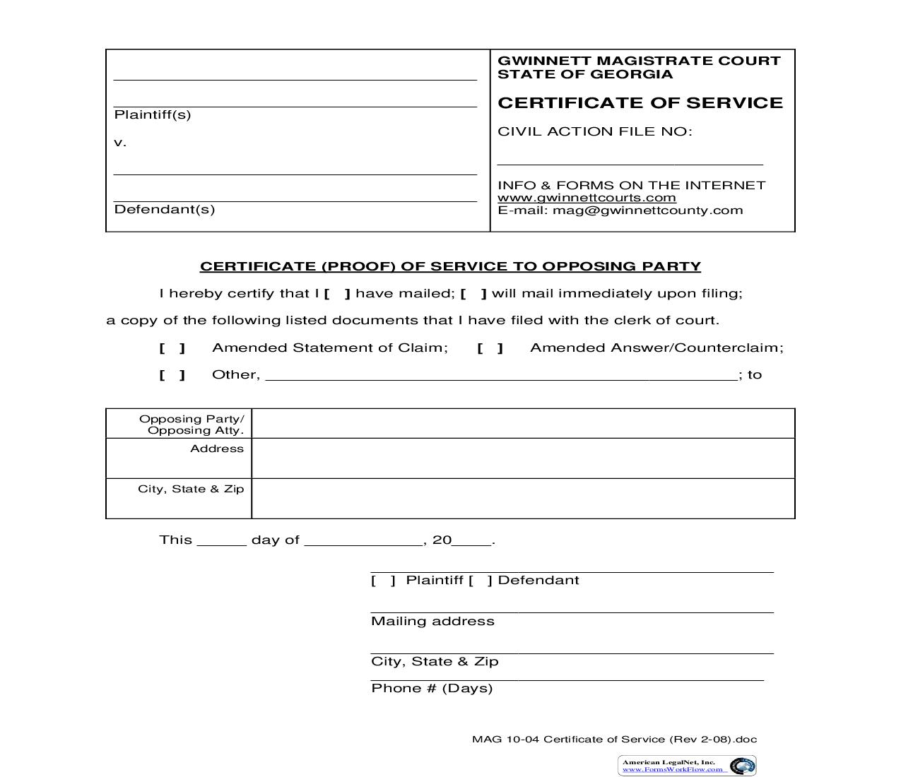 Certificate Of Service {MAG 10-04} | Pdf Fpdf Doc Docx | Georgia