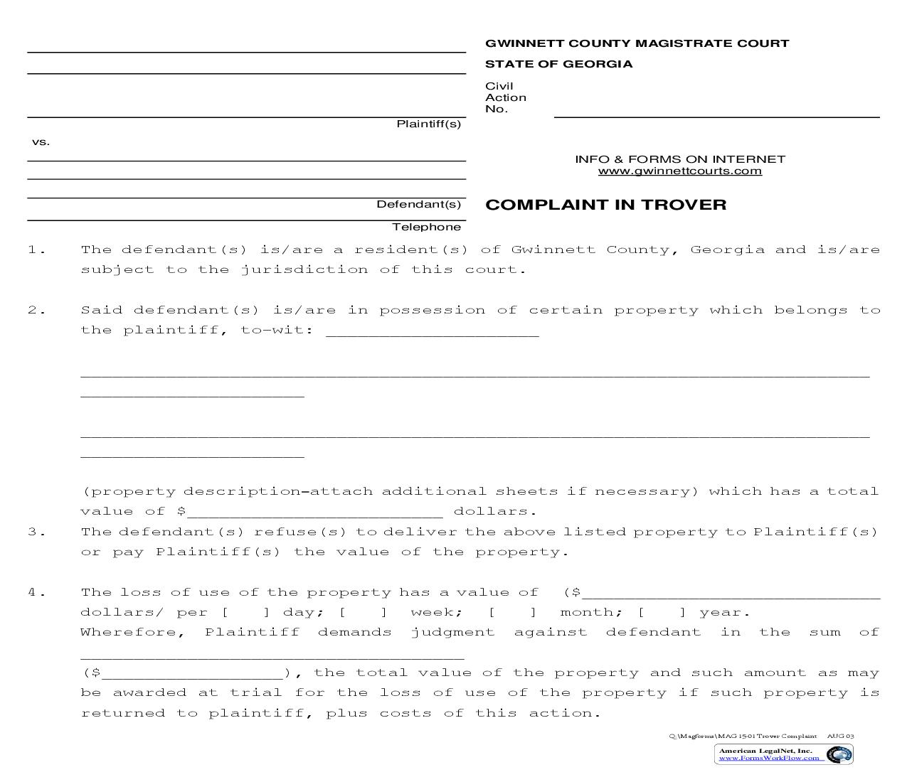 Complaint In Trover {MAG 15-01} | Pdf Fpdf Doc Docx | Georgia