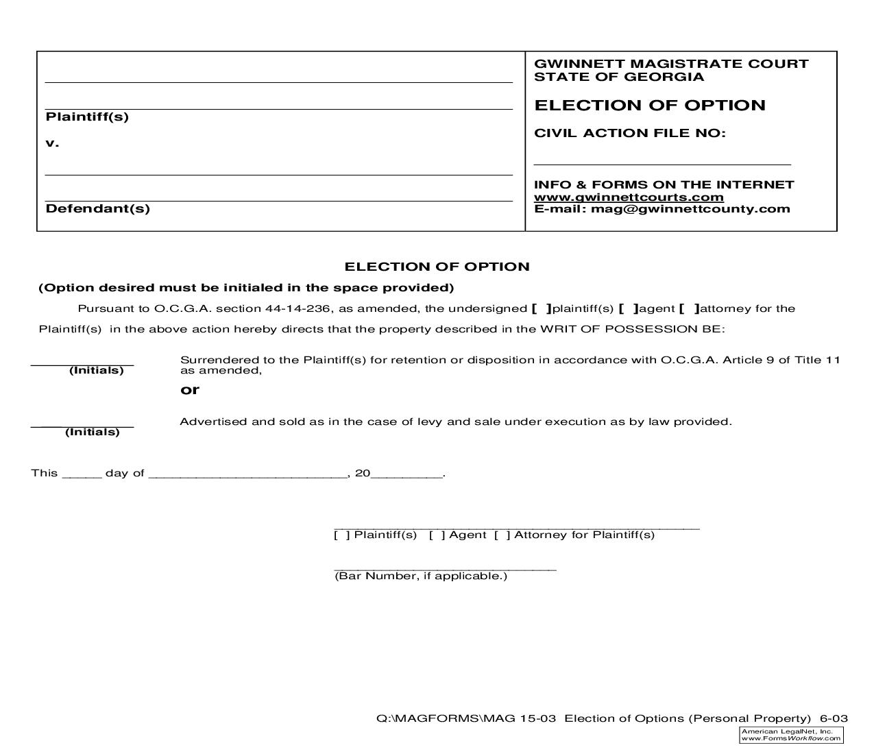 Election Of Option (Personal Property Foreclosure) {MAG 15-03} | Pdf Fpdf Doc Docx | Georgia