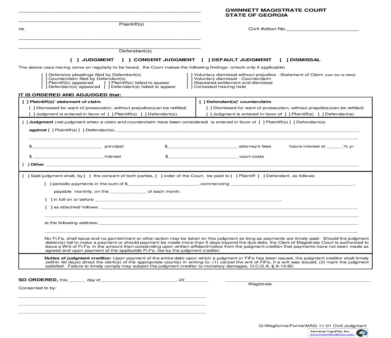 Judgment-Consent Judgment-Default Judgment-Dismissal {MAG 11-01} | Pdf Fpdf Doc Docx | Georgia