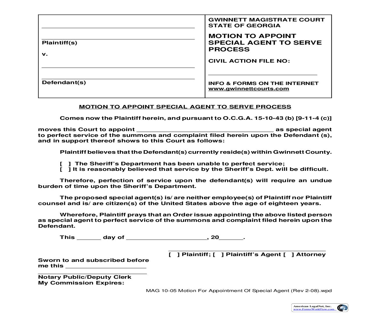 Motion To Appoint Special Agent To Serve Process {MAG 10-05} | Pdf Fpdf Doc Docx | Georgia