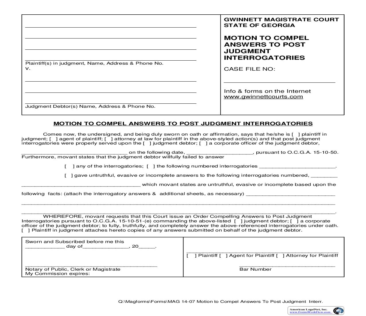 Motion To Compel Answers To Post-Judgment Interrogatories {MAG 14-07} | Pdf Fpdf Doc Docx | Georgia