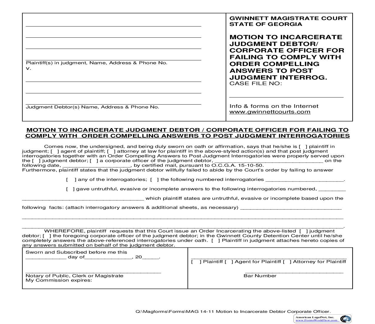 Motion To Incarcerate Judgment Debtor-Corporate Officer {MAG 14-11} | Pdf Fpdf Doc Docx | Georgia