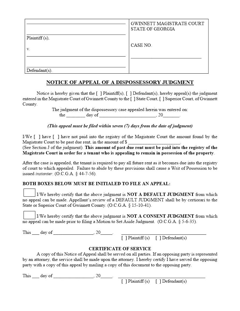 Notice Of Appeal Of A Dispossessory Judgment | Pdf Fpdf Docx | Georgia