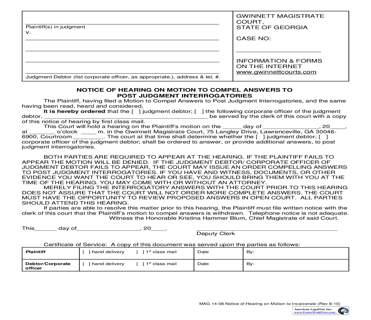 Notice Of Hearing On Motion To Compel Answers To Post-Judgment Interrogatories {MAG 14-08} | Pdf Fpdf Doc Docx | Georgia