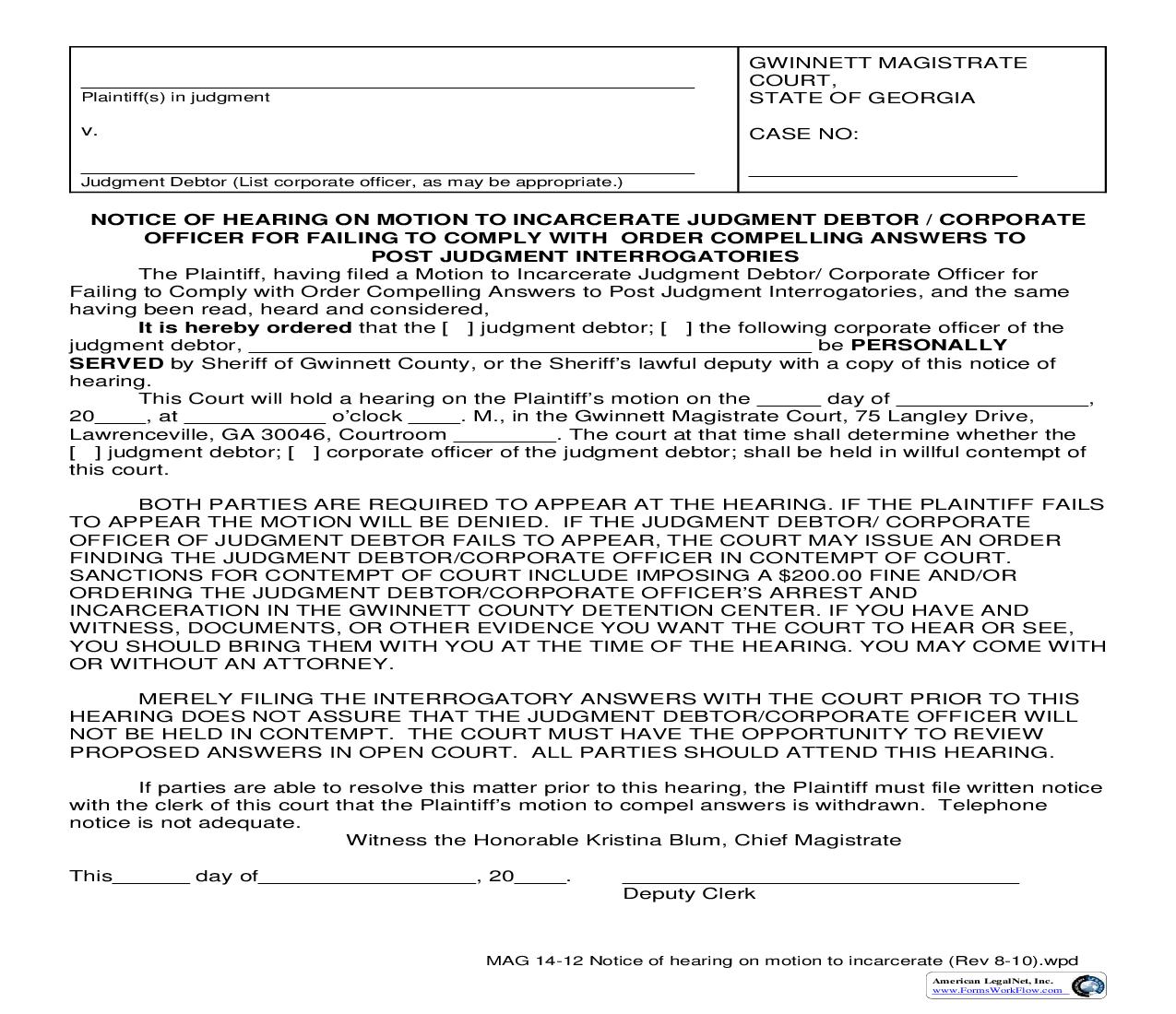 Notice Of Hearing On Motion To Incarcerate Judgment Debtor-Corporate Officer {MAG 14-12} | Pdf Fpdf Doc Docx | Georgia
