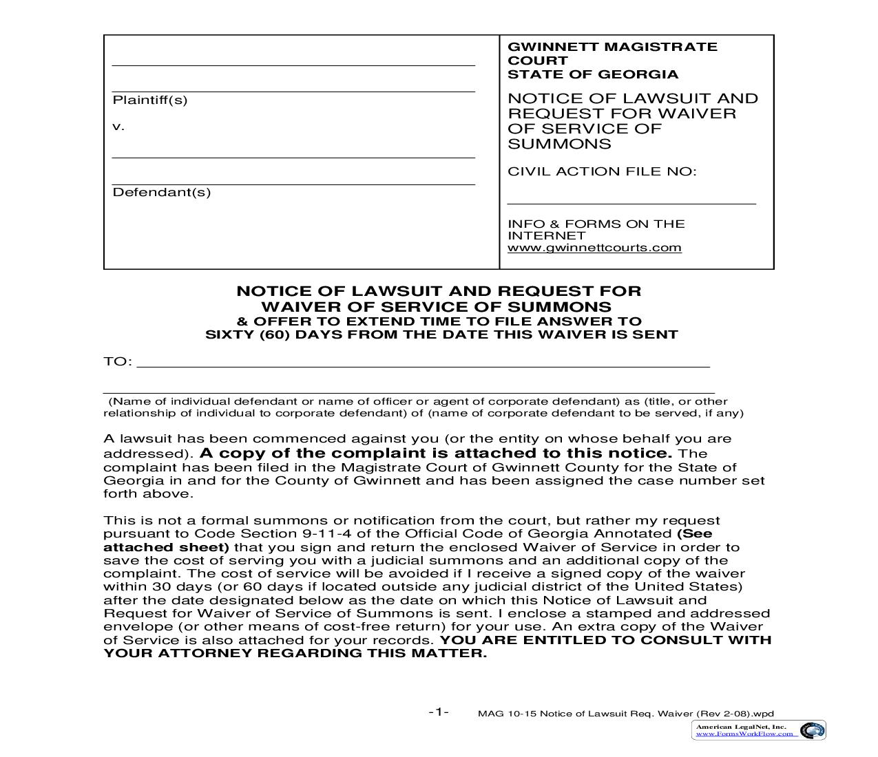 Notice Of Lawsuit And Request For Waiver Of Service Of Summons {MAG 10-15} | Pdf Fpdf Doc Docx | Georgia
