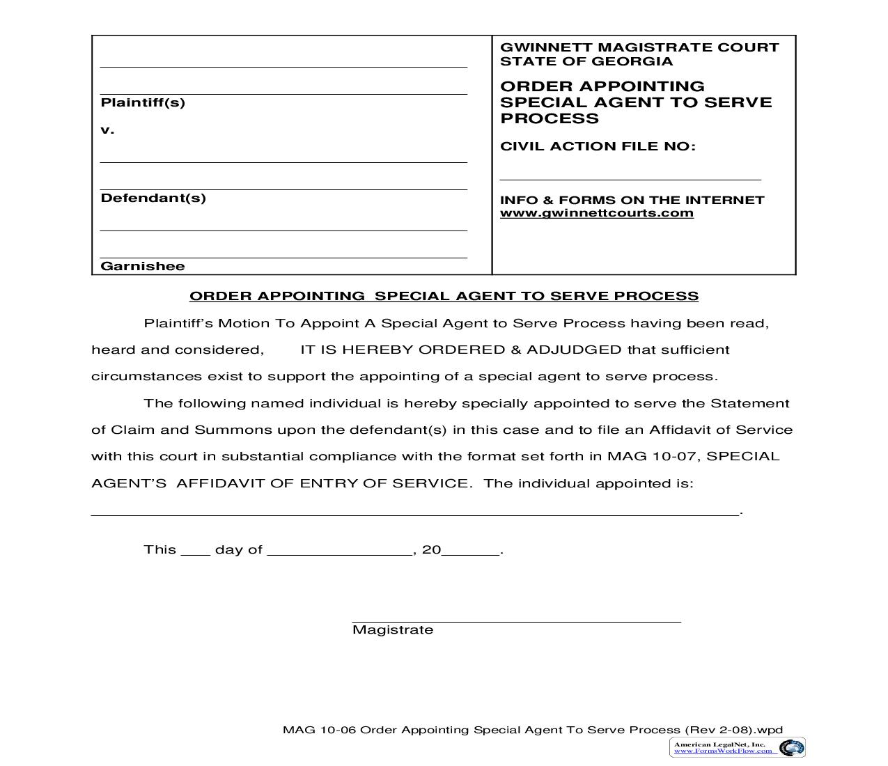 Order Appointing Special Agent To Serve Process {MAG 10-06} | Pdf Fpdf Doc Docx | Georgia