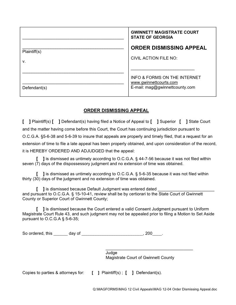 Order Dismissing Appeal {MAG 12-04} | Pdf Fpdf Docx | Georgia