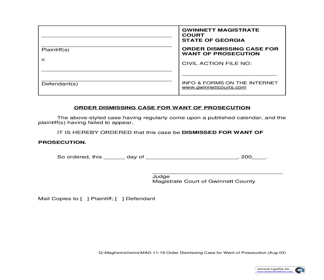 Order Dismissing Case For Want Of Prosecution {MAG 11-18} | Pdf Fpdf Doc Docx | Georgia