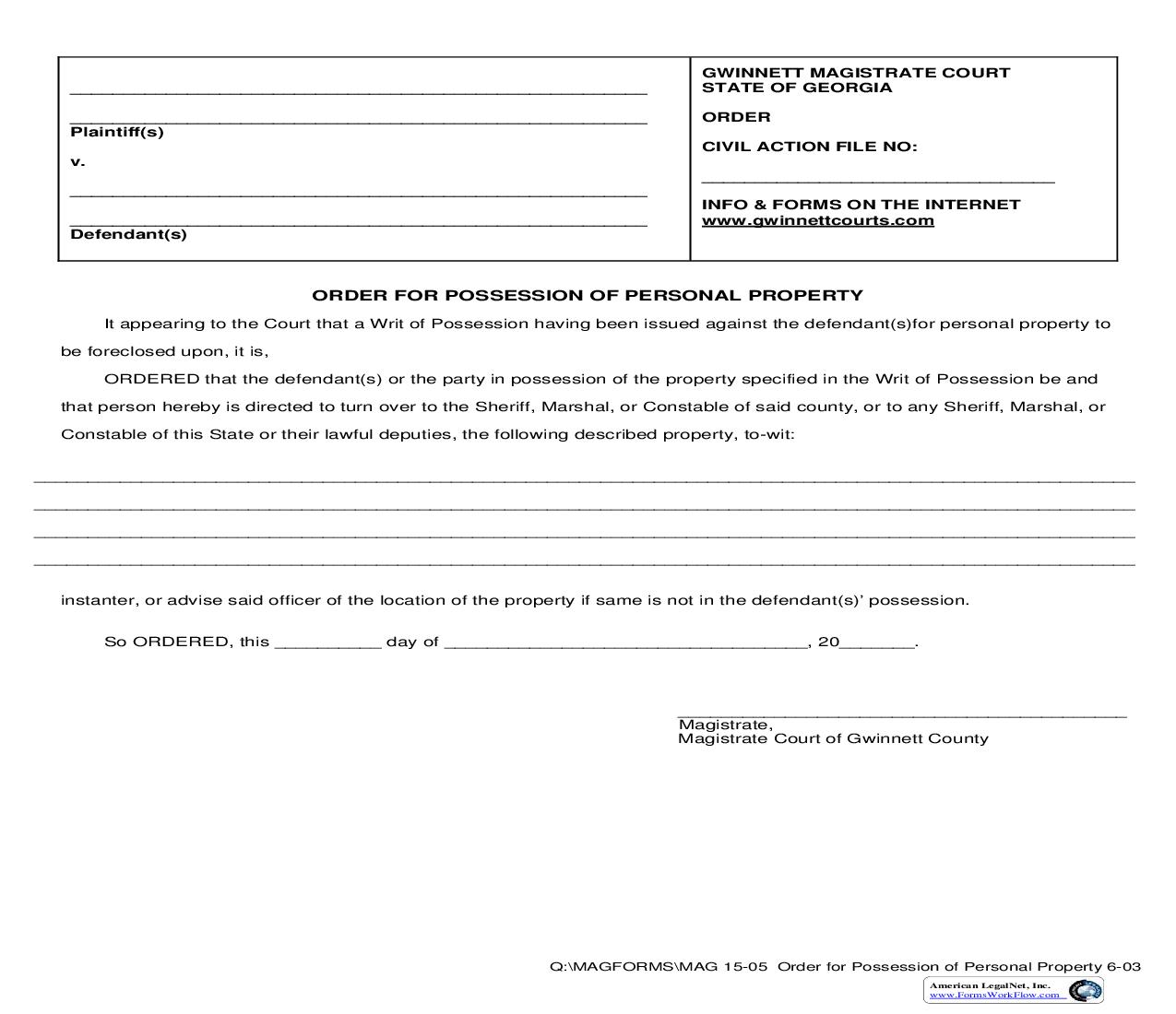 Order For Possession Of Personal Property {MAG 15-05} | Pdf Fpdf Doc Docx | Georgia