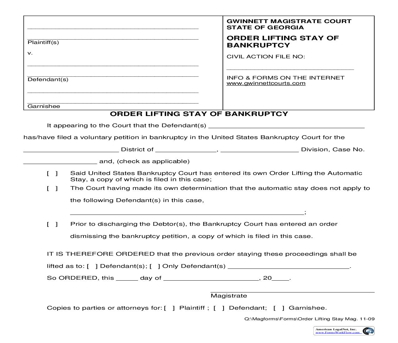 Order Lifting Stay Of Bankruptcy {MAG 11-09} | Pdf Fpdf Doc Docx | Georgia