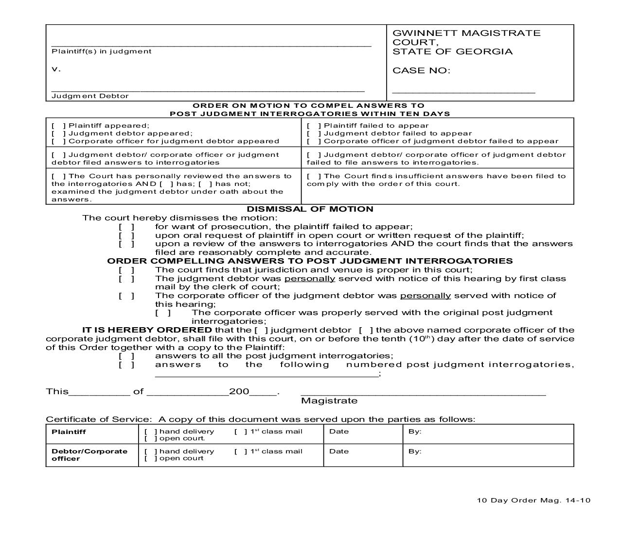Order On Motion To Compel Answers To Post-Judgment Interrogatories Within Ten Days {MAG 14-10} | Pdf Fpdf Doc Docx | Georgia
