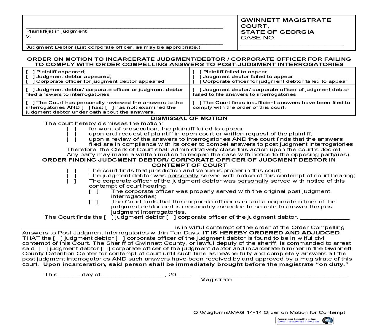 Order On Motion To Incarcerate Judgment Debtor-Corporate Officer {MAG 14-14} | Pdf Fpdf Doc Docx | Georgia