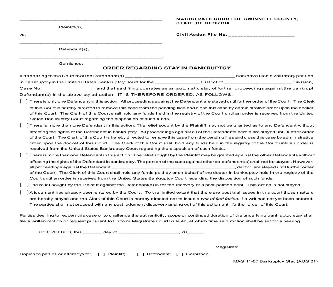 Order Regarding Stay In Bankruptcy {MAG 11-07} | Pdf Fpdf Doc Docx | Georgia