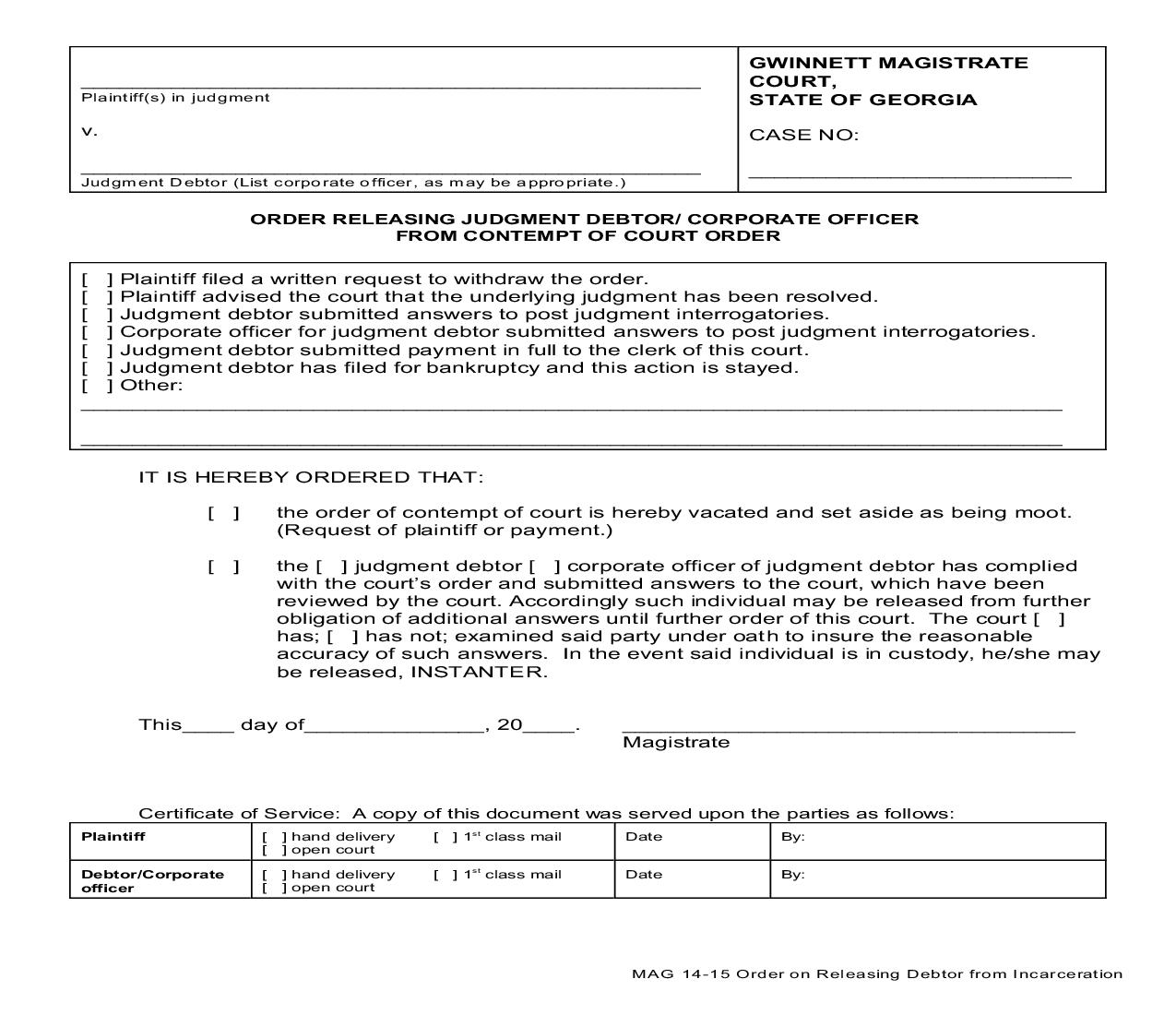Order Releasing Judgment Debtor-Corporate Officer From Contempt Of Court Order {MAG 14-15} | Pdf Fpdf Doc Docx | Georgia