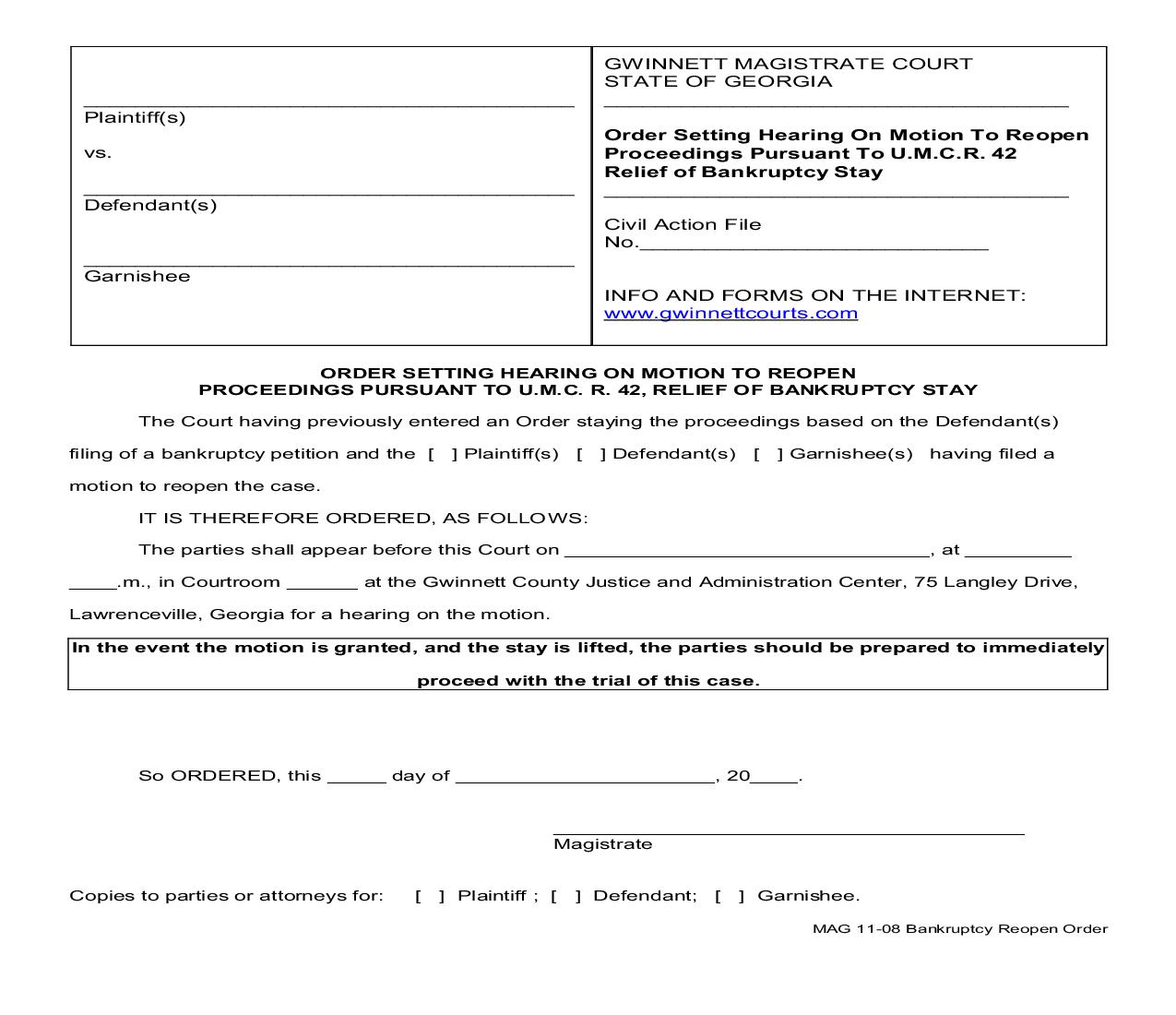 Order Setting Hearing On Motion To Reopen Proceedings - Relief From Bankruptcy Stay {MAG 11-08} | Pdf Fpdf Doc Docx | Georgia