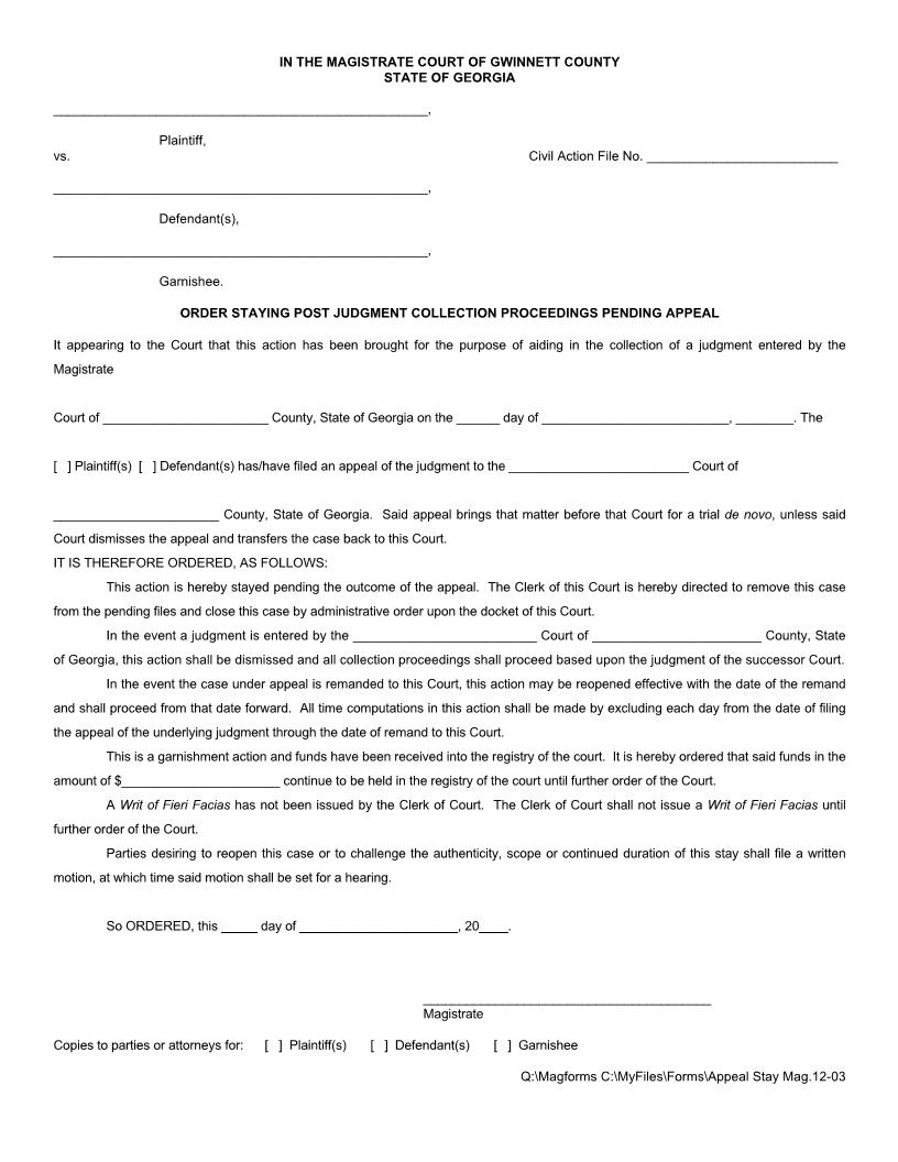 Order Staying Post Judgment Collection Proceedings Pending Appeal {MAG 12-03} | Pdf Fpdf Docx | Georgia
