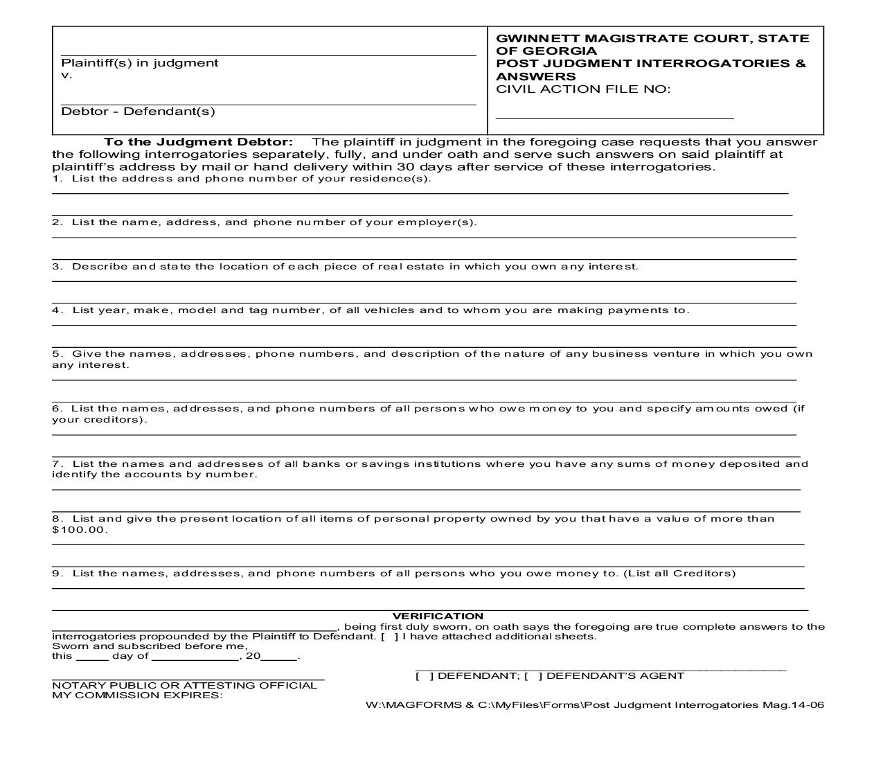 Post Judgment Interrogatories And Answers {MAG 14-06} | Pdf Fpdf Doc Docx | Georgia