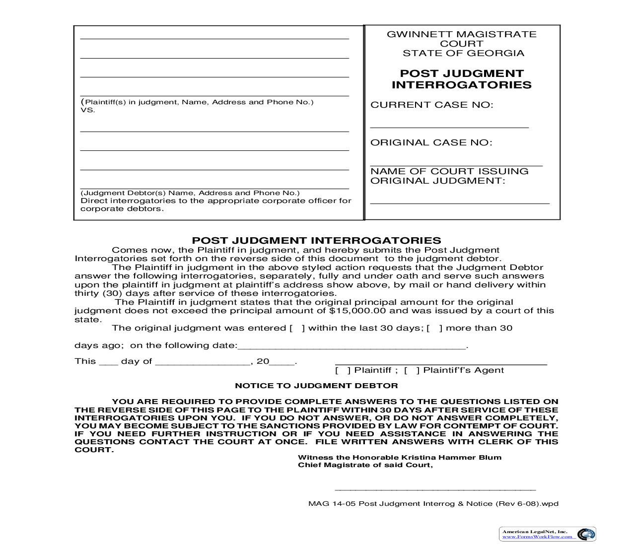 Post-Judgment Interrogatories (Plaintiffs) {MAG 14-05} | Pdf Fpdf Doc Docx | Georgia