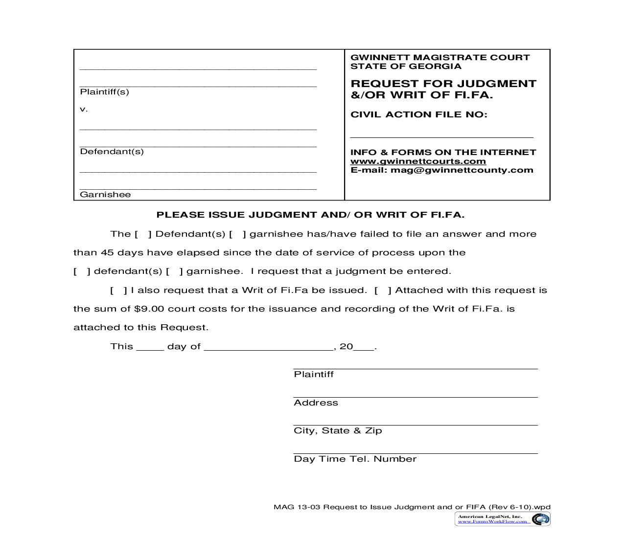 Request For Judgment And-Or Writ Of FiFa (Fieri Facias) {MAG 13-03} | Pdf Fpdf Doc Docx | Georgia