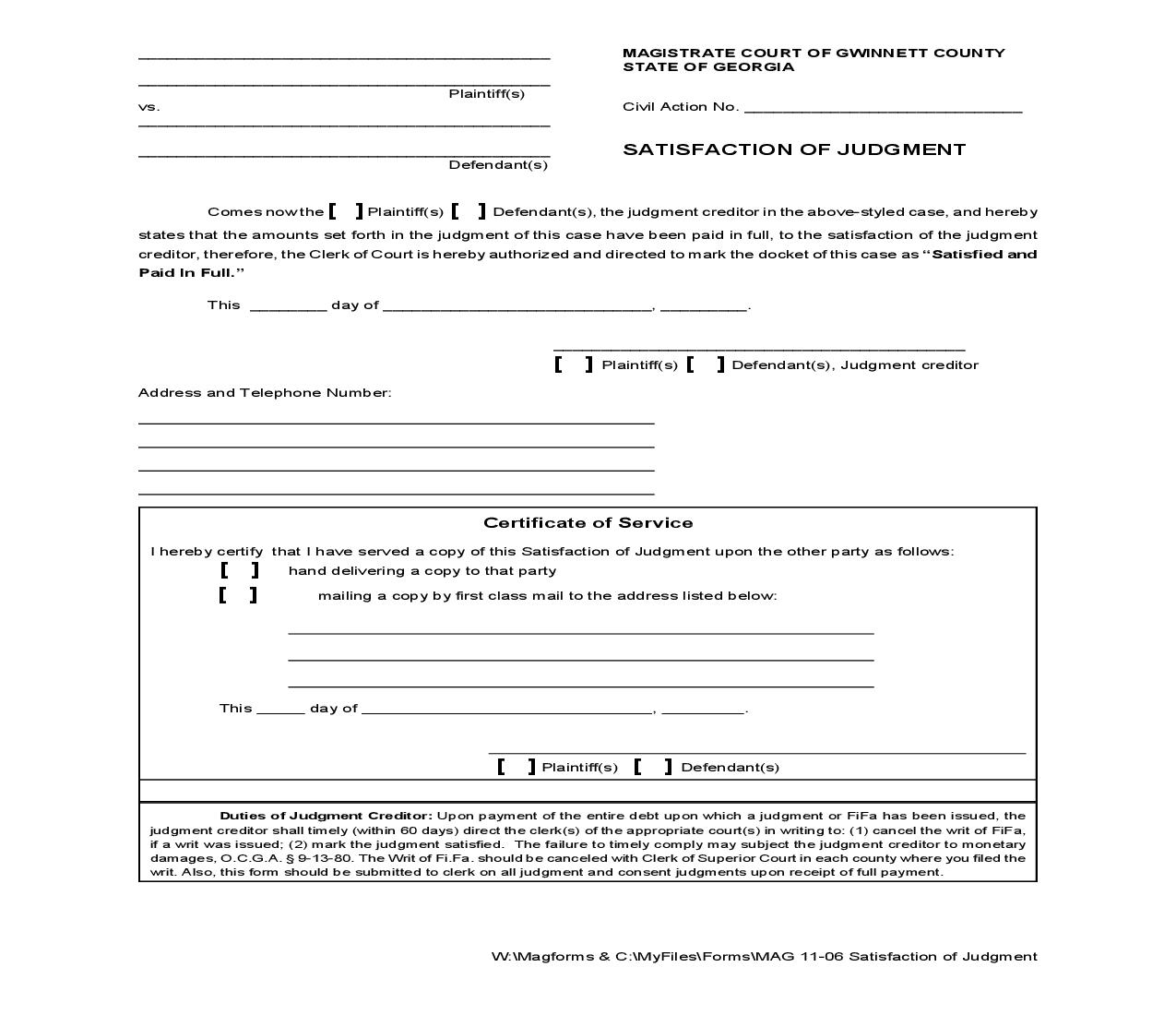 Satisfaction Of Judgment {MAG 11-06} | Pdf Fpdf Doc Docx | Georgia