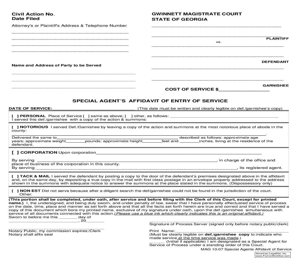 Special Agents Affidavit Of Entry Of Service {MAG 10-07} | Pdf Fpdf Doc Docx | Georgia