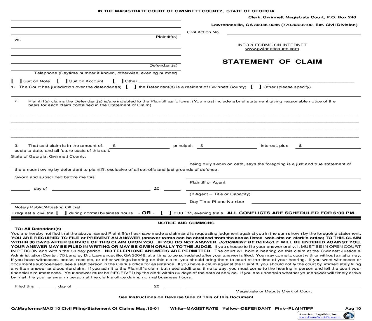 Statement Of Claim {MAG 10-01} | Pdf Fpdf Doc Docx | Georgia