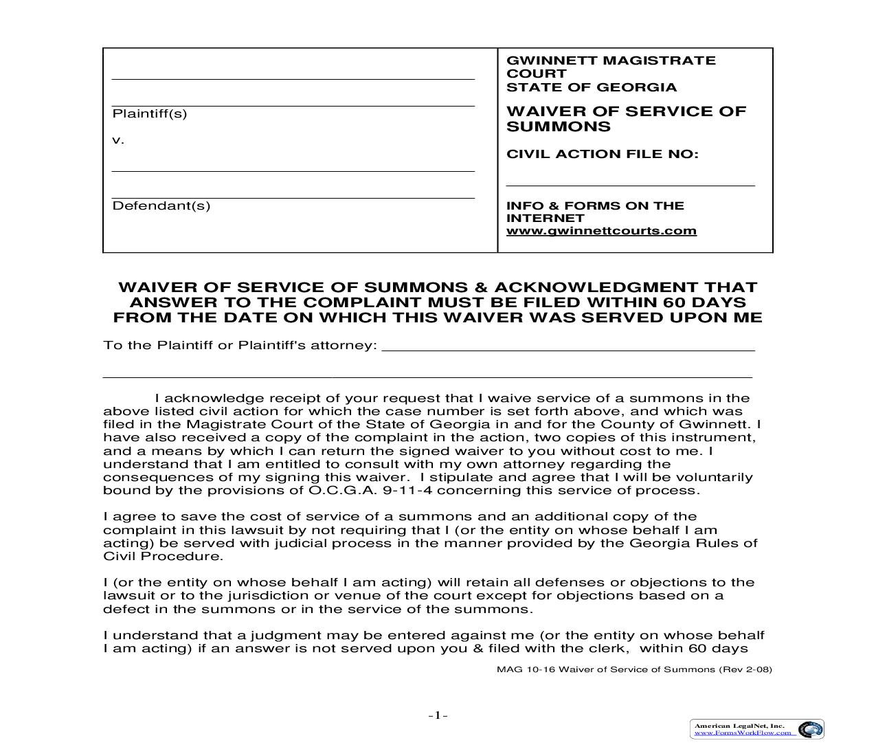 Waiver Of Service Of Summons {MAG 10-16} | Pdf Fpdf Doc Docx | Georgia