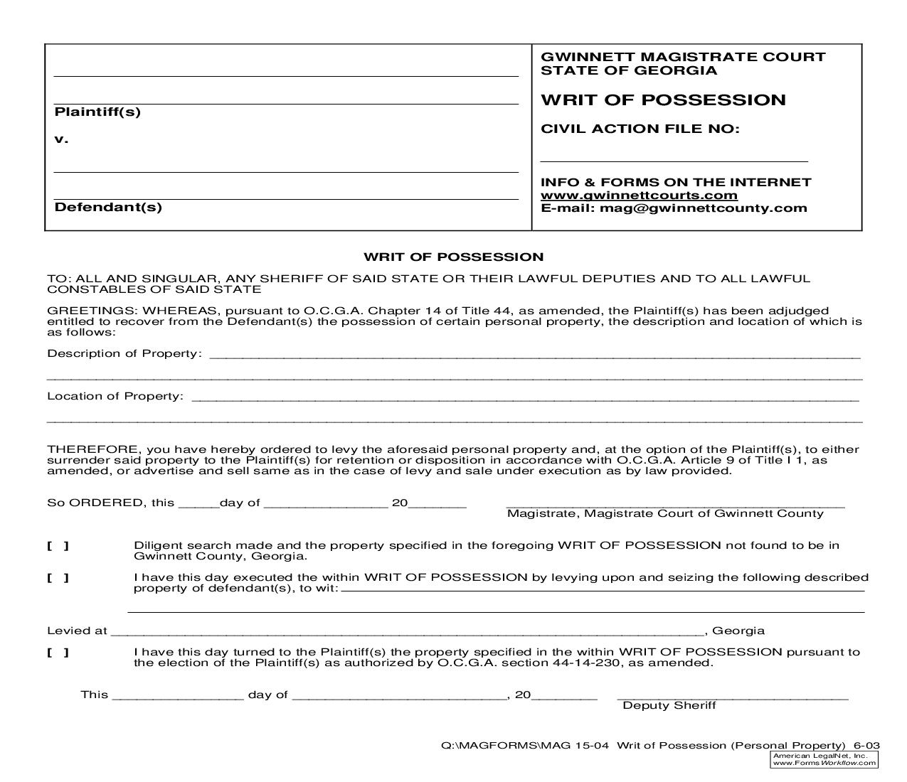 Writ Of Possession (Personal Property Foreclosure) {MAG 15-04} | Pdf Fpdf Doc Docx | Georgia