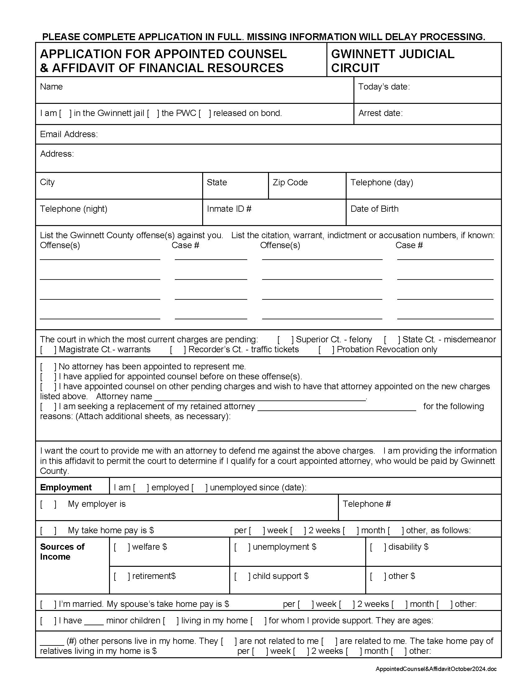 Application For Appointed Counsel And Affidavit Of Financial Resources {MAG 20-03} | Pdf Fpdf Docx | Georgia