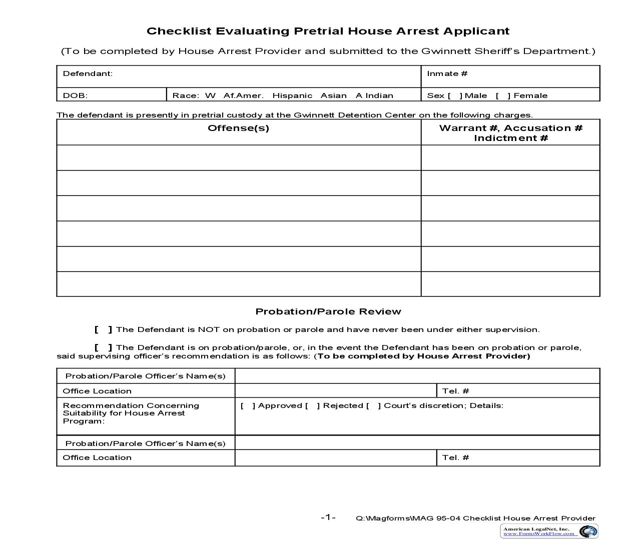Checklist Evaluating Pretrial House Arrest Applicant {MAG 95-04} | Pdf Fpdf Doc Docx | Georgia