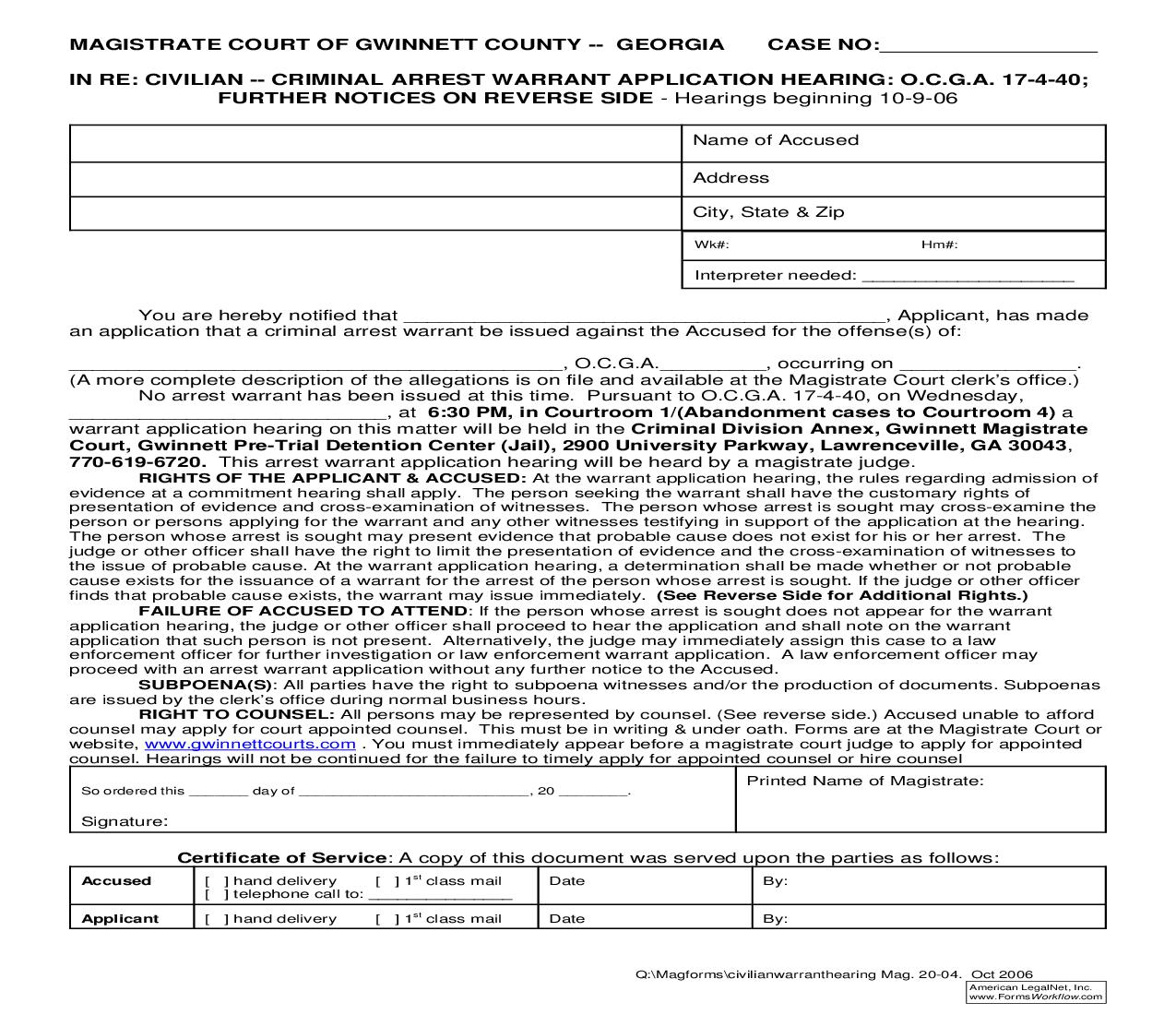 Civilian - Criminal Arrest Warrant Application Hearing {MAG 20-04} | Pdf Fpdf Doc Docx | Georgia