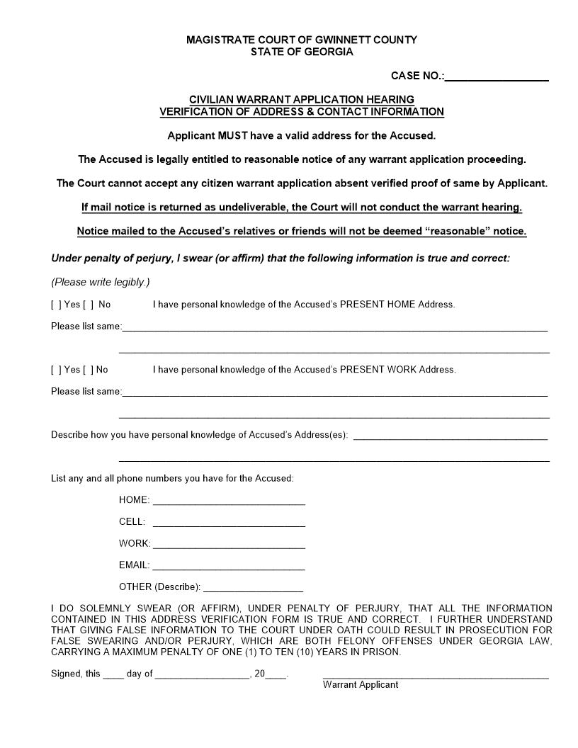 Civilian Warrant Application Hearing Verification Of Address | Pdf Fpdf Docx | Georgia