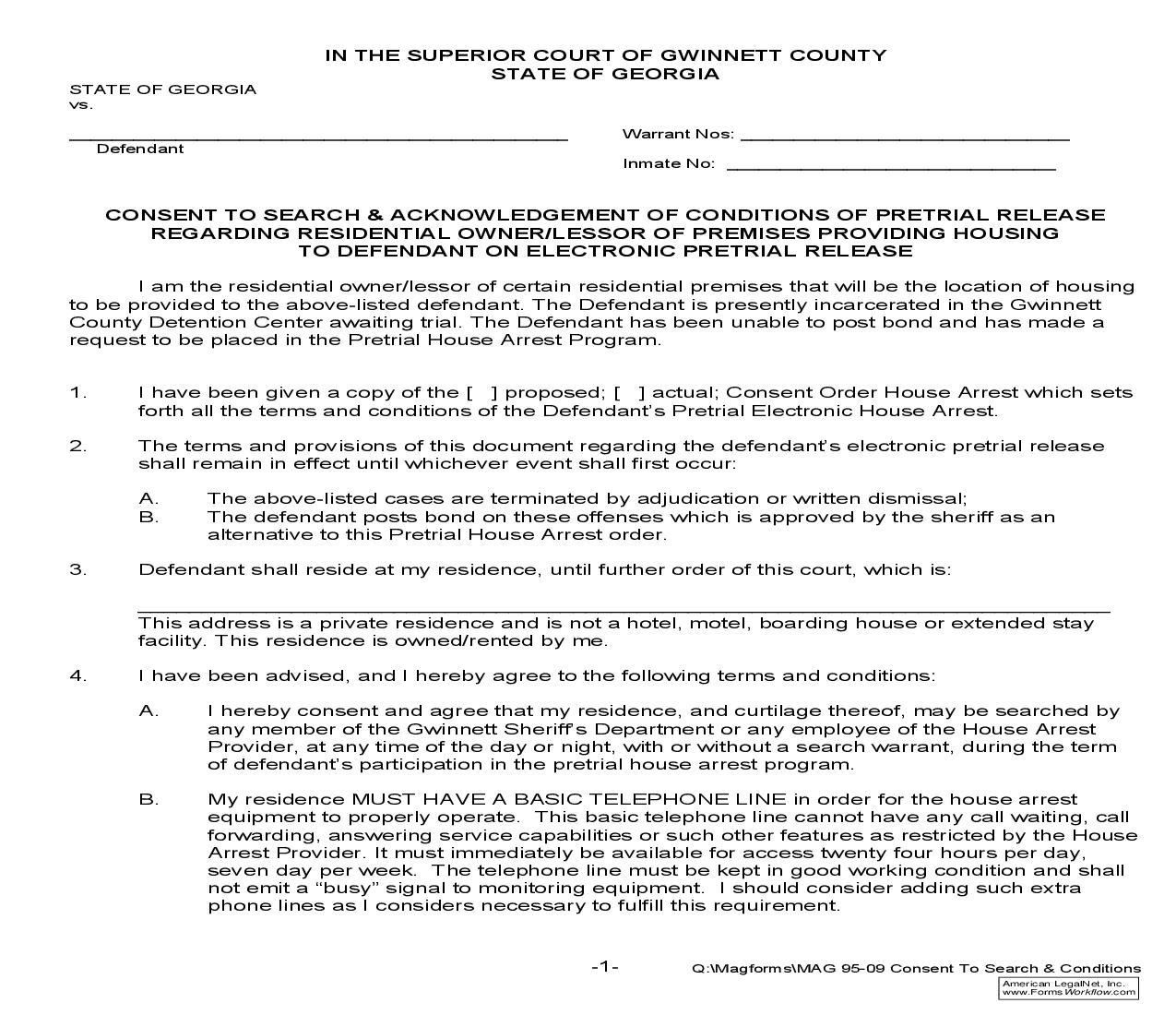 Consent To Search And Acknowledgment Of Conditions Of Pretrial House Arrest Regarding Residential Owner-Lessor {MAG 95-09} | Pdf Fpdf Doc Docx | Georgia