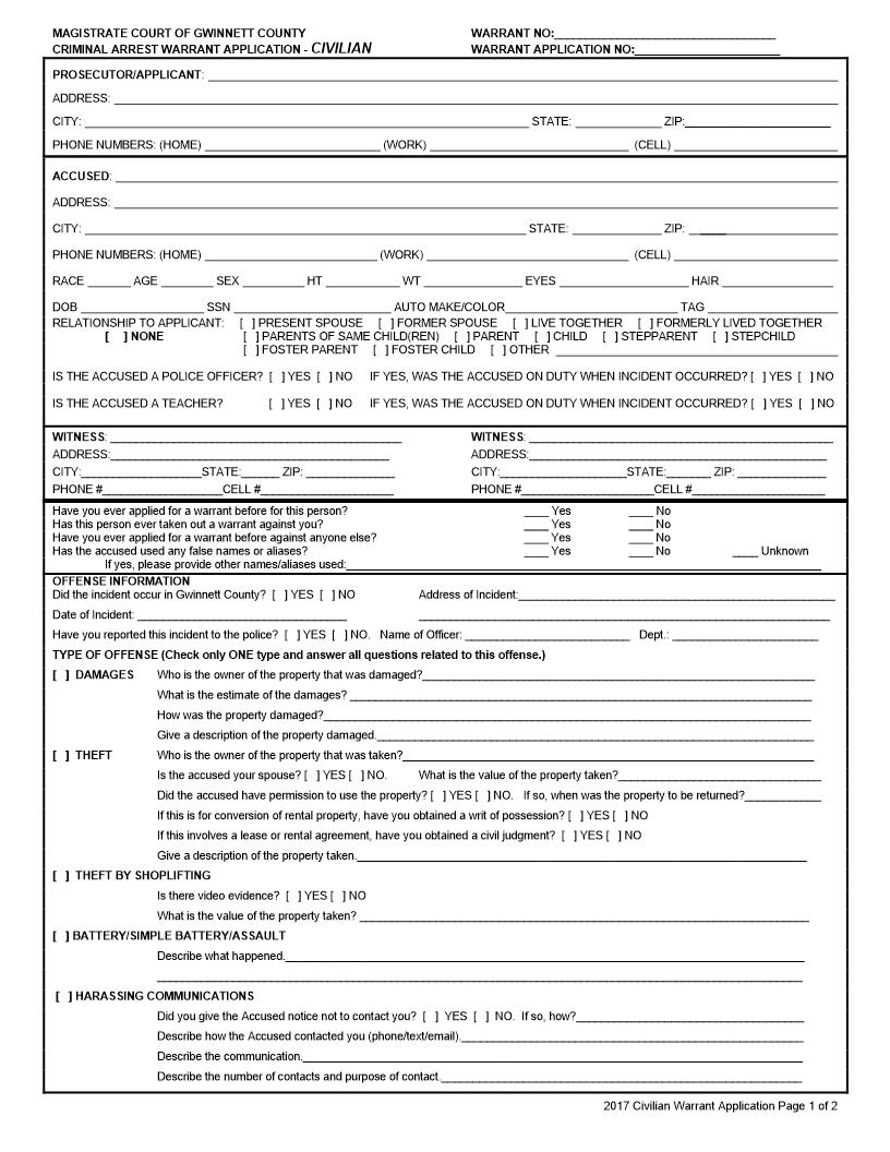 Criminal Arrest Warrant Application-Civilian | Pdf Fpdf Doc Docx | Georgia